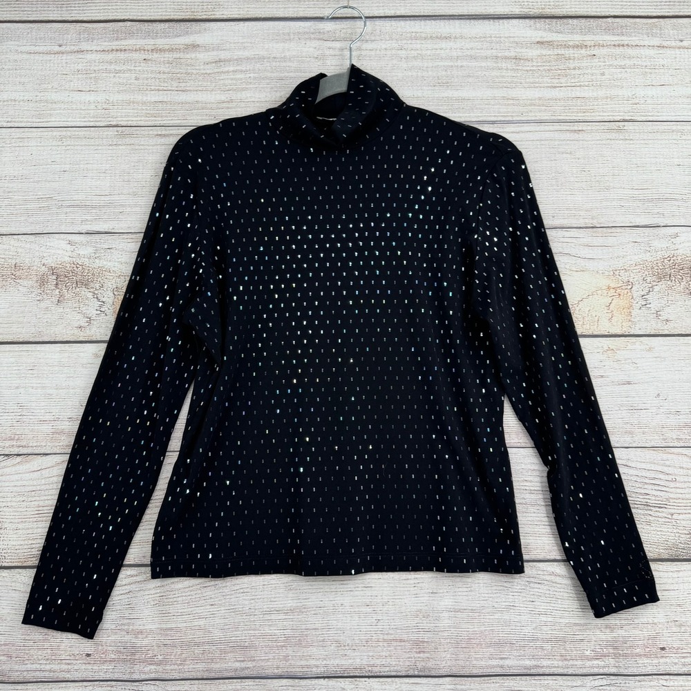 St. John Sport Turtleneck Top Women M Black Silver Studded Long Sleeve Sparkle‎